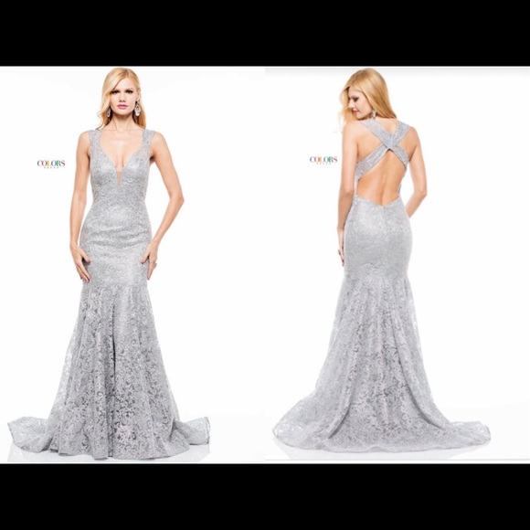 Dresses & Skirts - Silver Metallic Lace Prom Dress